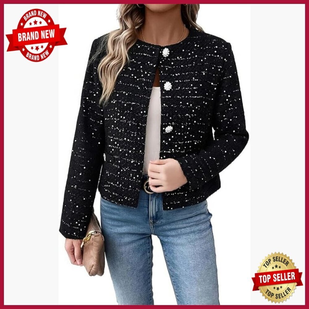 Short Tweed Sequin Blazer Cropped Sparkly Jacket Business Casual